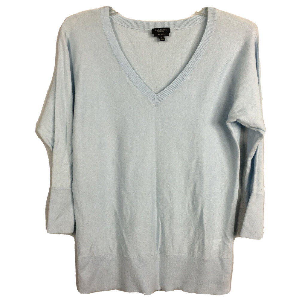 Talbots Sweater Womens Sz S Blue Pima‎ Cotton Knit 3/4 Sleeve V-Neck Pullover